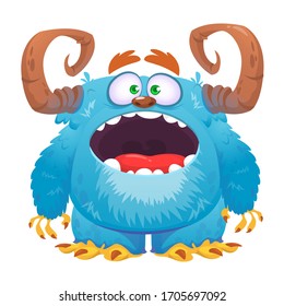 Angry cartoon blue monster screaming. Yelling angry monster expression. Halloween vector illustration