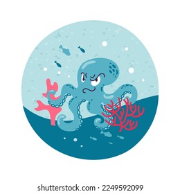 Angry cartoon blue octopus character swimming in the sea near a coral reef smiling smiling. Fish and algae, sea and ocean inhabitants. For stickers, posters, postcards, design elements.