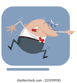 An angry cartoon businessman shouting, jumping and pointing