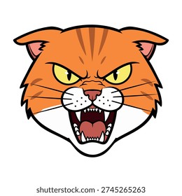 Angry cartoon cat face vector illustration, furious orange tabby cat with open mouth, sharp fangs and yellow eyes