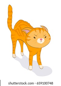 angry cartoon cat. scared cute red tabby kitten on white. vector illustration