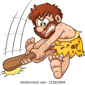 Angry cartoon caveman clubbing. Vector clip art illustration with simple gradients. All in a single layer.