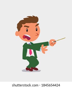 angry cartoon character of businessman with pointer points to the side