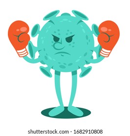 Angry cartoon character of coronavirus isolated infectious bacteria which ready to fight in boxing gloves. Quarantine situation covid-19 virus world pandemic. Vector illustration flat design style.