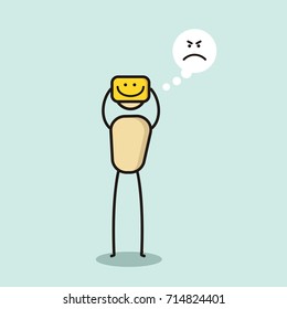 Angry cartoon character hiding his true feelings. Vector concept illustration in eps10