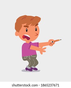 angry cartoon character of  little boy on jeans with pencil points to the side