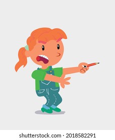 angry cartoon character of  little girl on jeans with pencil points to the side