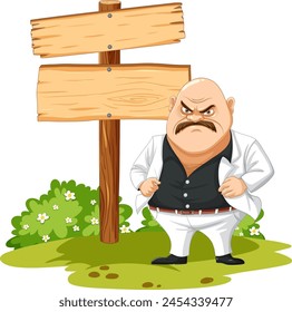 Angry cartoon character standing next to signpost