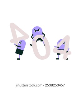 Angry Cartoon Characters With 404 Error Symbolizing Page Not Found, Flat Vector Illustration, Isolated On White Background