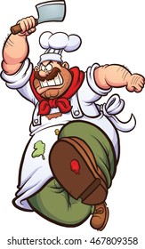 Angry cartoon chef running with a knife. Vector clip art illustration with simple gradients. All in a single layer.