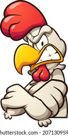 Angry cartoon chicken with crossed arms looking at camera. Vector clip art illustration with simple gradients. All on a single layers.
