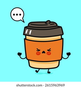 An angry cartoon coffee cup character, complete with a speech bubble, and a vibrant, light blue backdrop. The cup expresses frustration.