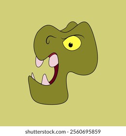 Angry cartoon dinosaur head. Roaring with open mouth and showing teeth. Vector illustration. Green with yellow eye.