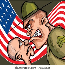 Angry cartoon drill sergeant screaming at a cadet