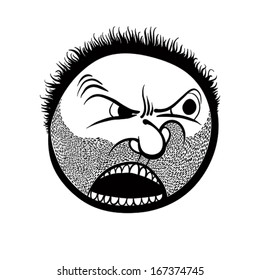 Angry cartoon face with stubble, black and white lines vector illustration.