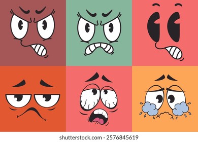 Angry cartoon faces with negative emotions isolated set. Vector flat graphic design illustration