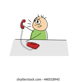 Angry cartoon figure yelling into a land line telephone while holding the handset away from his ear, vector drawing