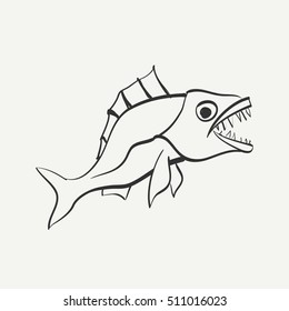 Angry cartoon fish, black and white hand-drawn vector graphics.