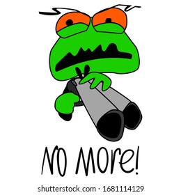 Angry cartoon frog with a gun. Vector 2D character threatening a weapon. An angry toad that says “No more!”. A frog for stickers, prints and designs. A character for children's illustrations and book.