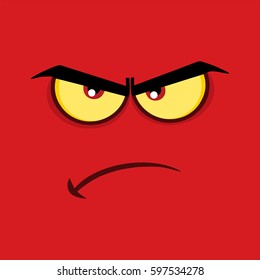 Angry Cartoon Funny Face With Grumpy Expression. Vector Illustration With Red Background