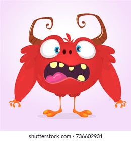 Angry cartoon furry horned monster. Halloween vector red monster 