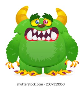 Angry cartoon furry monster character. Illustration of cute and scary mythical alien creature. Halloween design. Great for party decoration, poster or package design