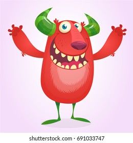 Angry cartoon furry monster. Halloween vector red and horned monster 