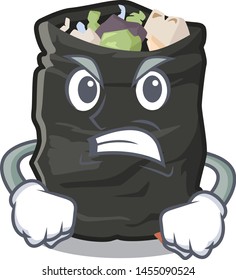Angry cartoon garbage bag next to table