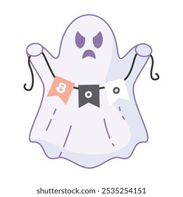 Angry cartoon ghost holding boo banner with scowl, Vector