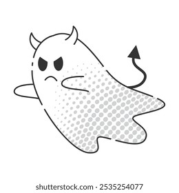 Angry cartoon ghost with horns and devil tail, halftone effect, Vector