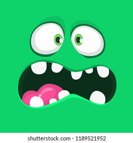 Angry Cartoon Green Monster Face With Big Mouth. Vector Halloween illustration of scary monster