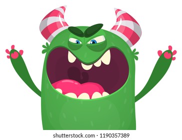 Angry cartoon green monster screaming. Yelling angry monster expression. Halloween vector illustration
