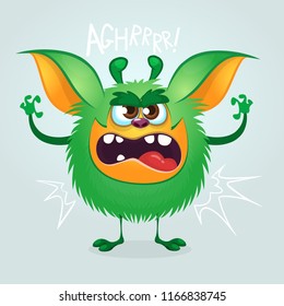 Angry cartoon green monster. Vector illustration.
