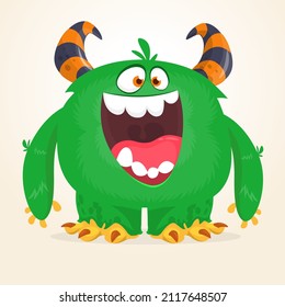Angry cartoon greenmonster character. Halloween Illustration of happy alien creature. Package or logo design. Vector isolated
