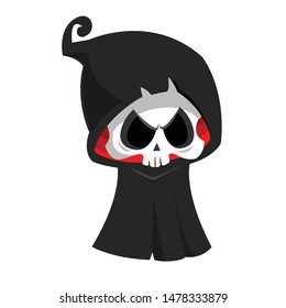 Angry cartoon grim reaper flying. Halloween death character illustration. Design for print, sticker, party poster invitation or logo