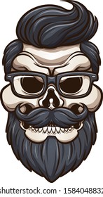 Angry cartoon hipster skull with mustache, beard and glasses clip art. Vector illustration with simple gradients. All in single layer. 
