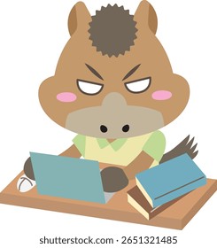 Angry Cartoon Horse Working Hard on Laptop at Desk