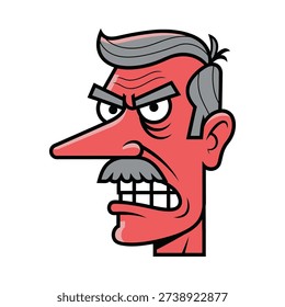 Angry cartoon man with red face and grey hair looking left with furrowed eyebrows and open mouth