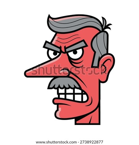 Angry cartoon man with red face and grey hair looking left with furrowed eyebrows and open mouth