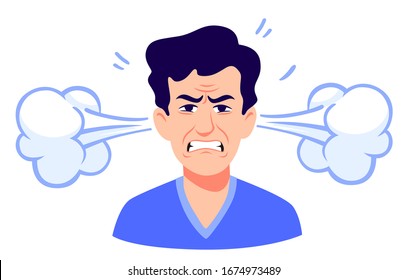 Angry cartoon man with steam coming out of ears isolated on white. Portrait of stressed male having anger and irritation emotion vector graphic illustration. Face of depressed person with headache