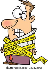 angry cartoon man tied up with caution tape