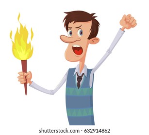 Angry cartoon man with a torch, vector