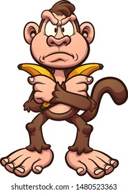 Angry cartoon monkey holding a couple of bananas across it's chest clip art. Vector illustration with simple gradients. All in a single layer. 
