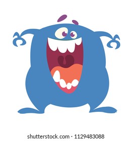 Angry cartoon monster with a big smile. Vector Halloween blue monster illustration