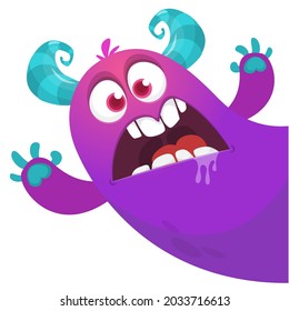 Angry cartoon monster character pop up and waving hands. Illustration of scary alien creature. Halloween party design. Vector isolated