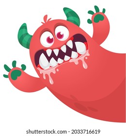 Angry cartoon monster character pop up and waving hands. Illustration of scary alien creature. Halloween party design. Vector isolated