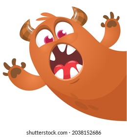 Angry cartoon monster character pop up and waving hands. Illustration of scary alien creature. Halloween party design. Vector isolated