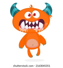 Angry cartoon monster creature showing teeth . Halloween Illustration of scary alien character. Vector isolated