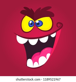 Angry cartoon monster face with a big smile. Vector Halloween red monster illustration