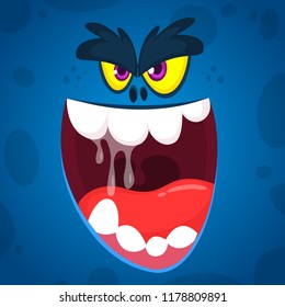 Angry  cartoon monster face illustration. Vector Halloween blue zombie monster. Big set of cartoon monster faces